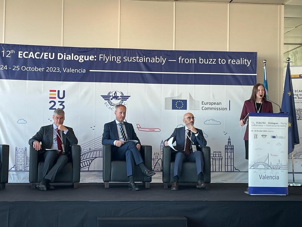 Photo (from left to right): Alessio Quaranta (ECAC President and Director General of Civil Aviation for Italy), Filip Cornelis (Director of Aviation, DG MOVE, European Commission), David Benito Astudillo (Director General of Civil Aviation for Spain), Angela Lynch (Policy Coordinator, ECAC Secretariat)